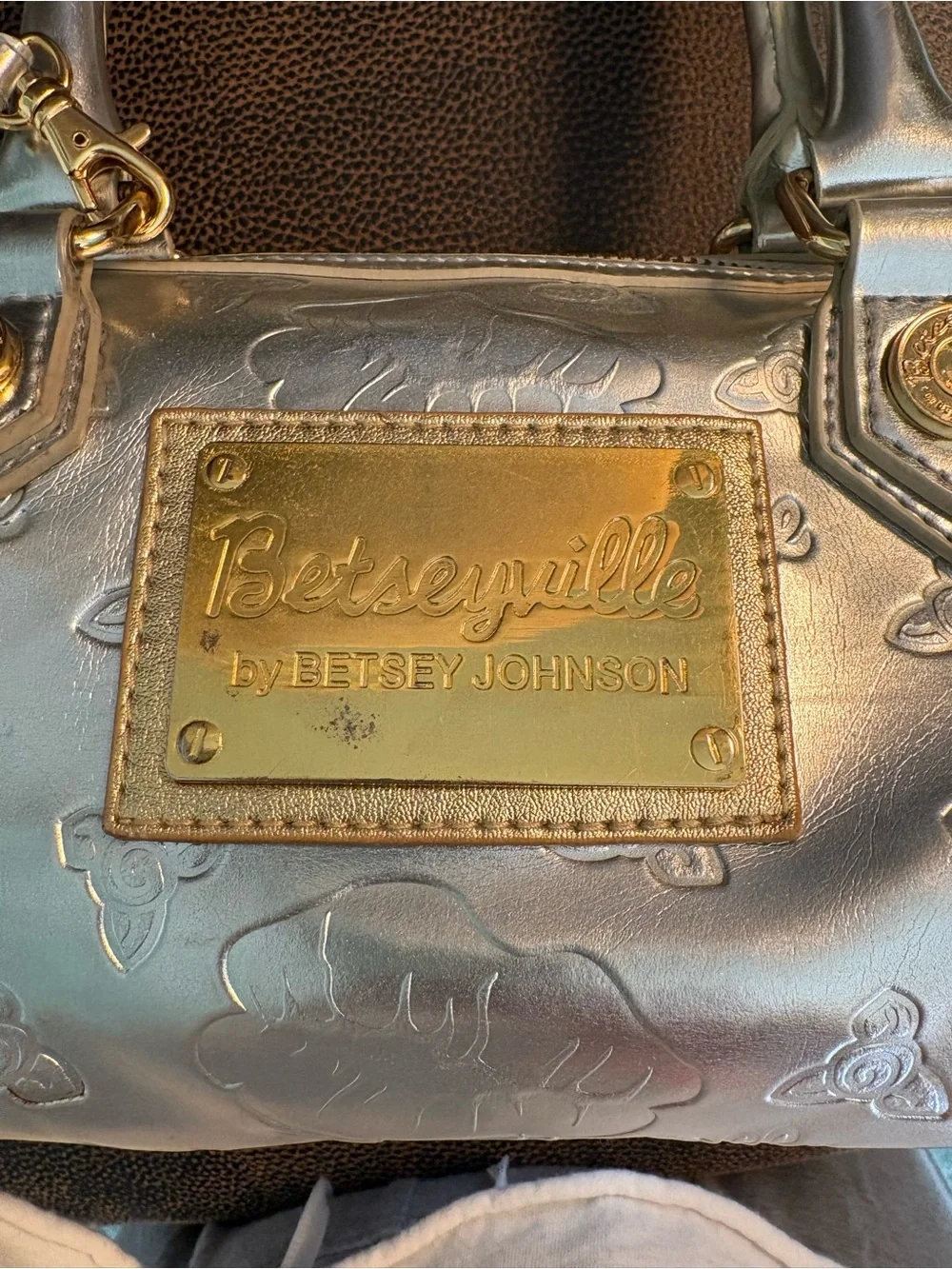 Betsey Johnson Silver Metallic Barrel Mini Bag with Gold Hardware